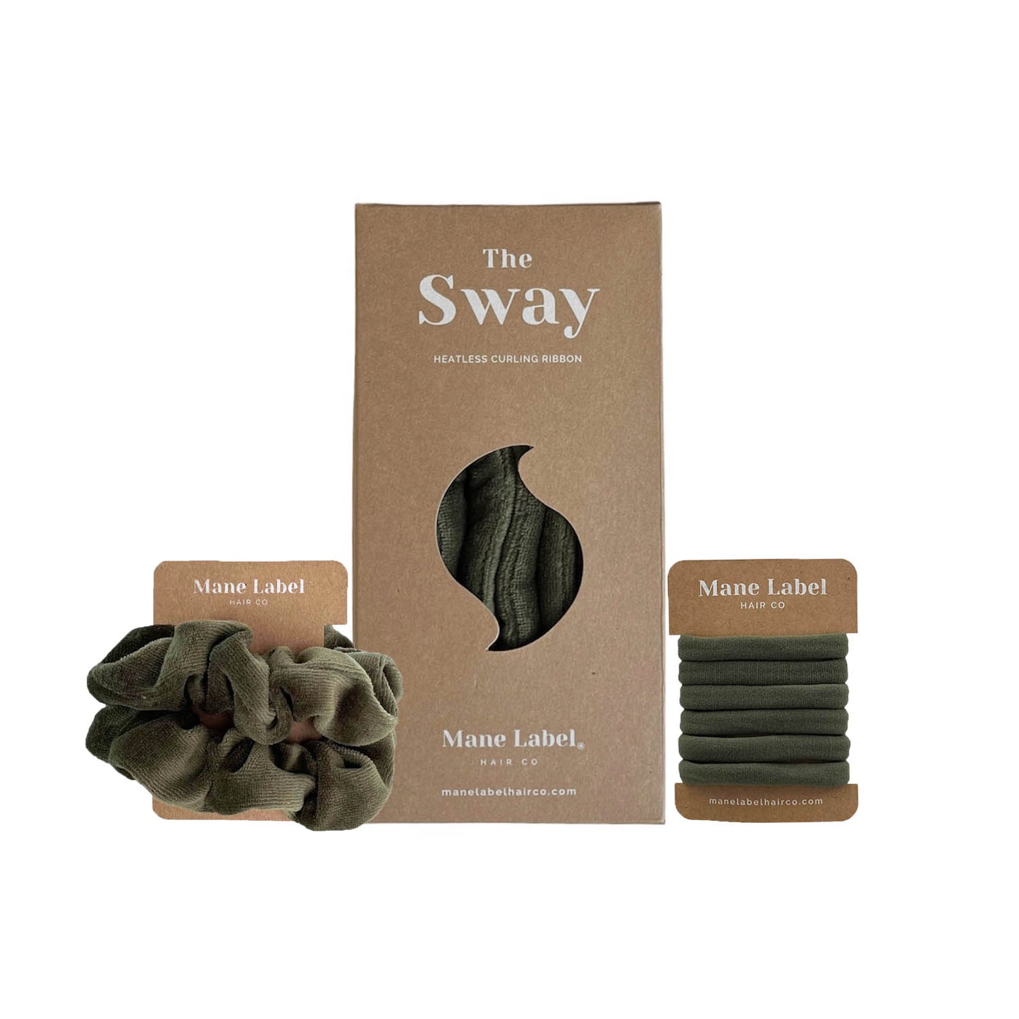 Heatless Curl Set | Sway Heatless Curling Ribbon | Scrunchies + 6 Hair Ties | Olive green